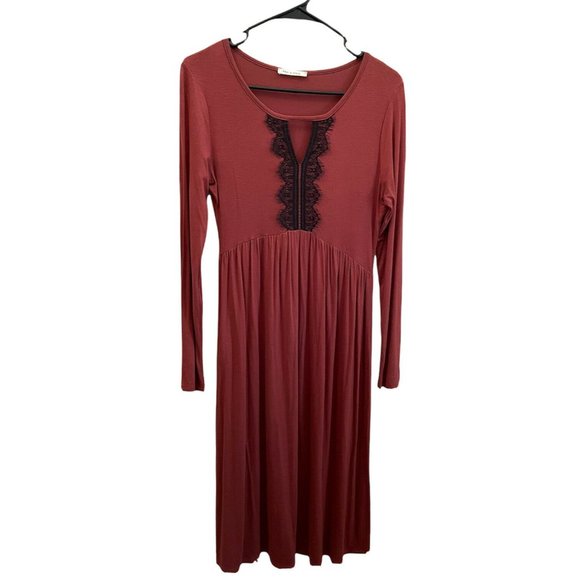 Tea N Roses Dresses & Skirts - Tea n Rose Pink Midi Dress Long Sleeve Lace Keyhole Soft Comfortable USA Made